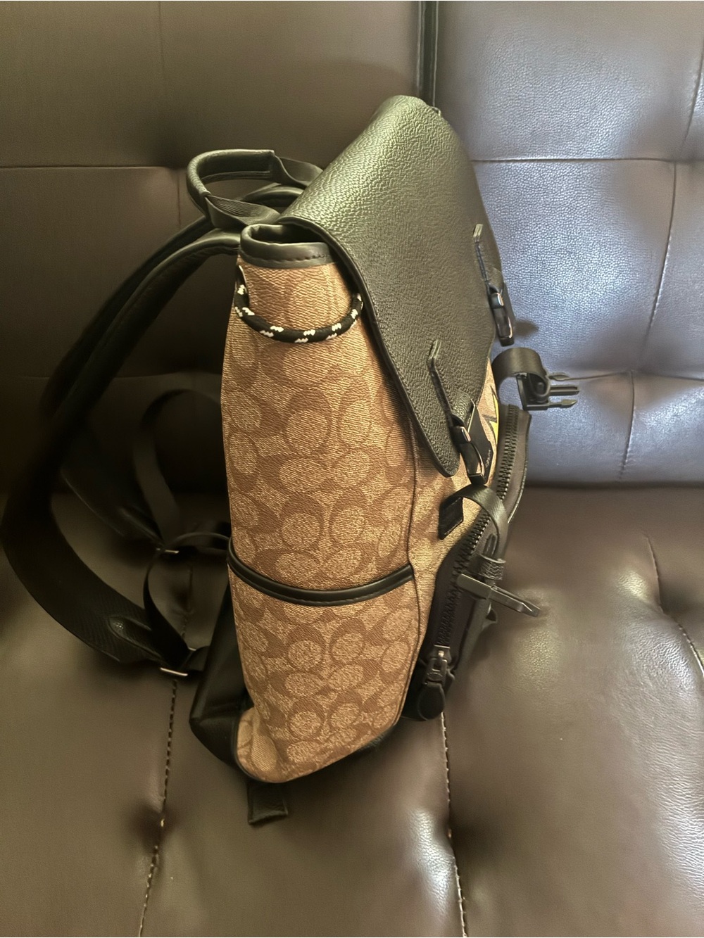 Coach Men's Signature Canvas Backpack with Black Leather Trim - Picture 6 of 9
